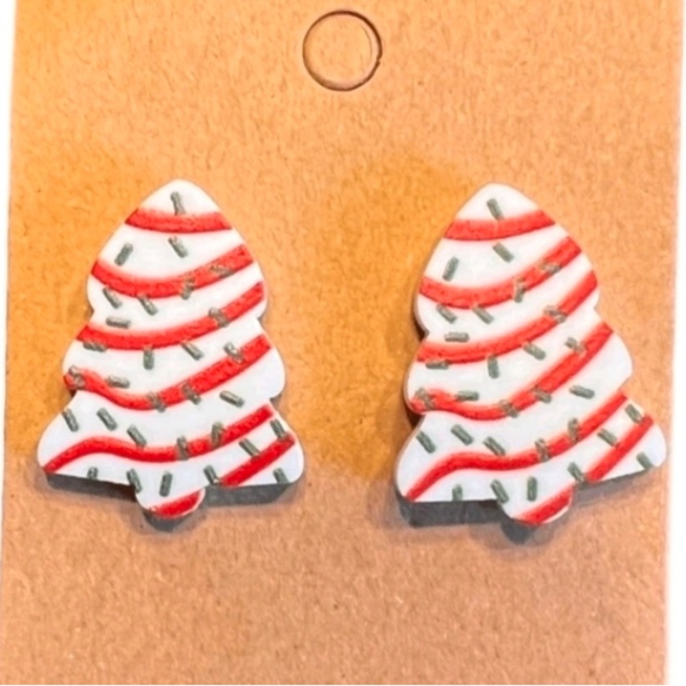 Holiday White and Red Tree Stud Earrings